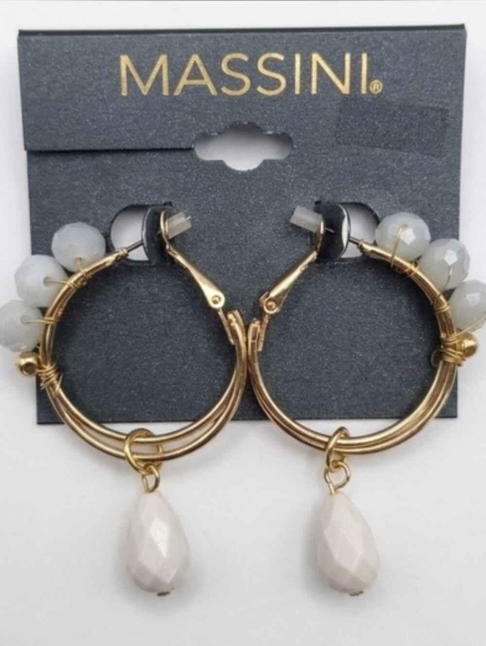 Massini Gold Hoop Earrings with Grey Beads and White Teardrop Dangles